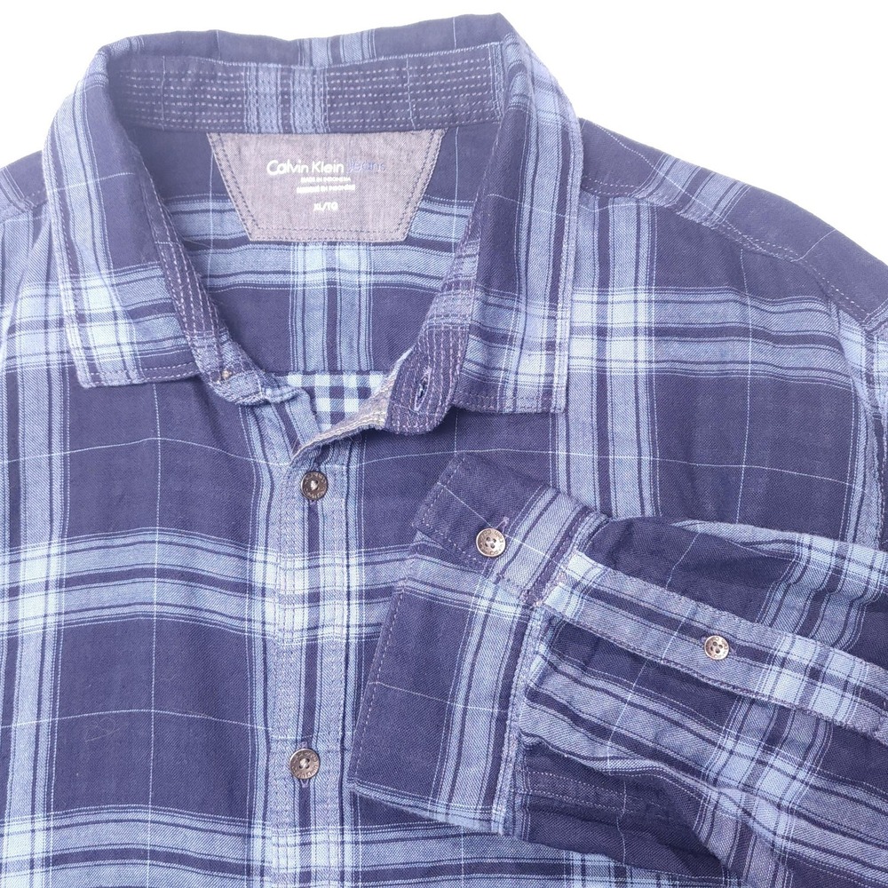 Calvin‎ Klein Jeans Shirt Mens XL Blue Plaid Cotton Button Up Casual